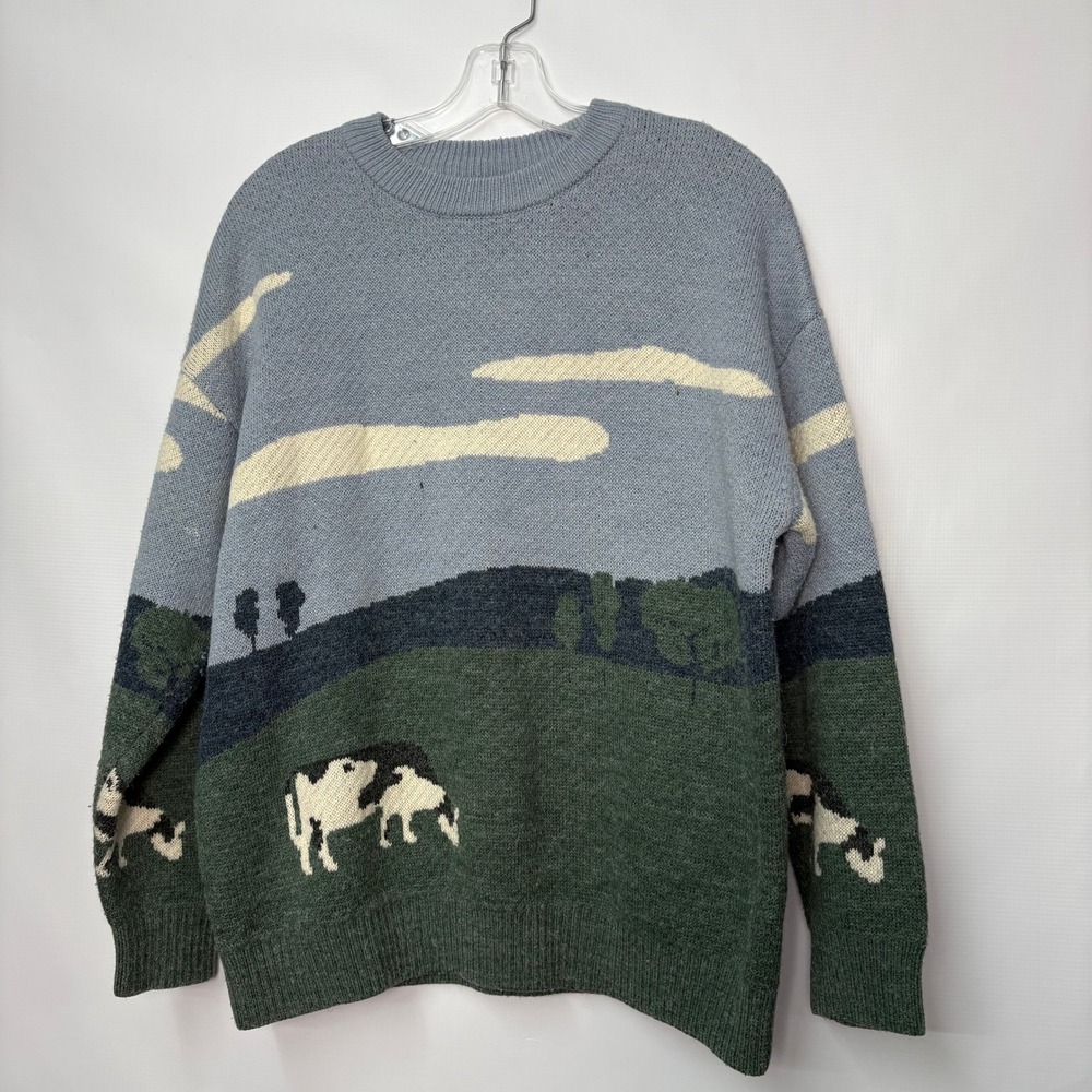 Adam Freak Womens L Cow Pastoral Landscape Knit Crewneck Sweater Wool Blend
